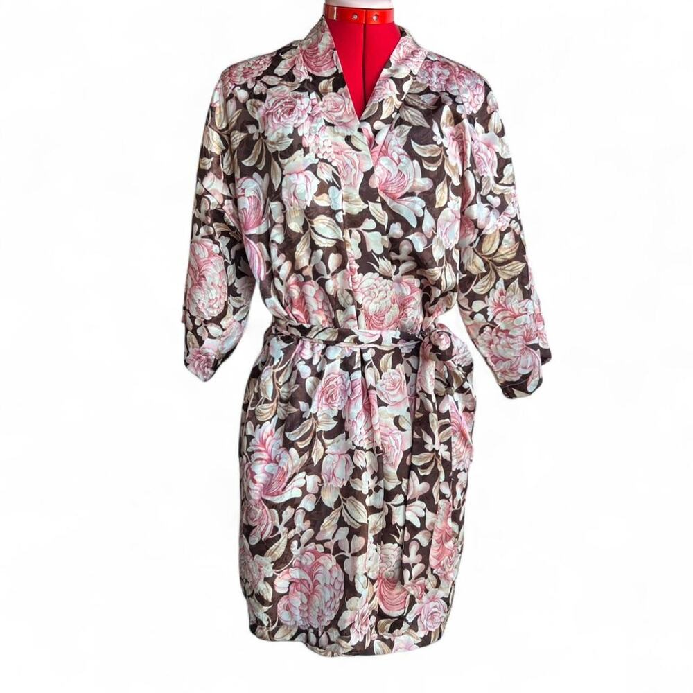 Vintage Inner Most Brown & Pink Floral Peony Robe & Nightgown Set‎ Size XS